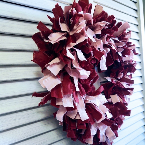 Hand Crafted Pink Maroon Wine Rag Heart Wreath, Shabby Chic, Valentine's Day 15" - Picture 5 of 7